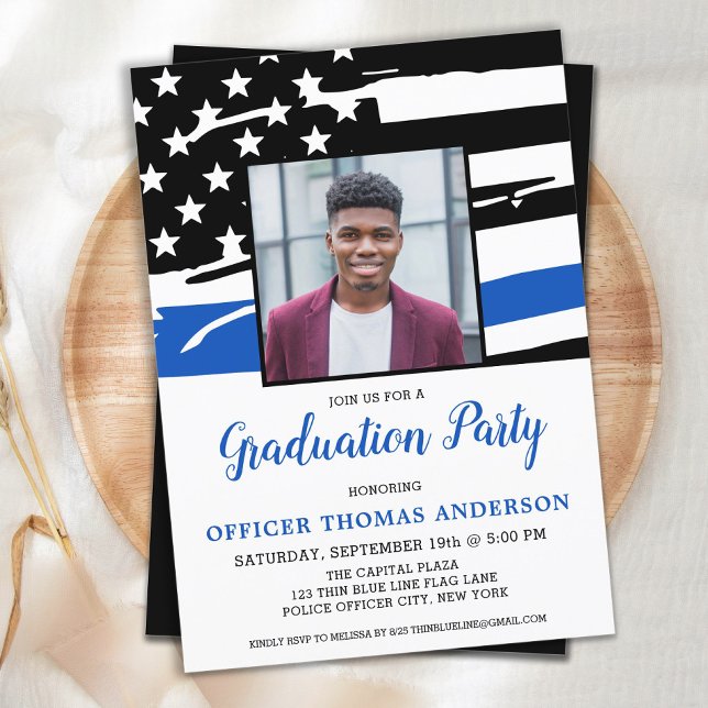 Police Officer Graduation Party Photo Blue Flag Invitation (Creator Uploaded)