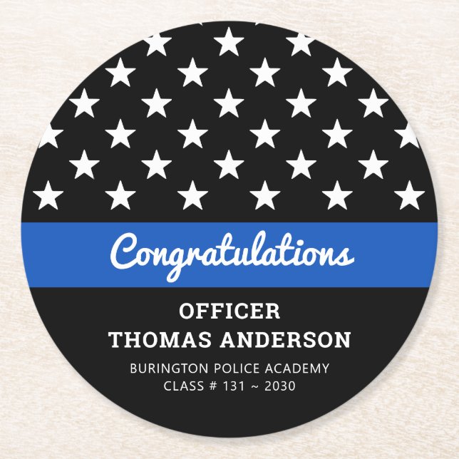 Police Officer Graduation Thin Blue Line Party Round Paper Coaster (Front)
