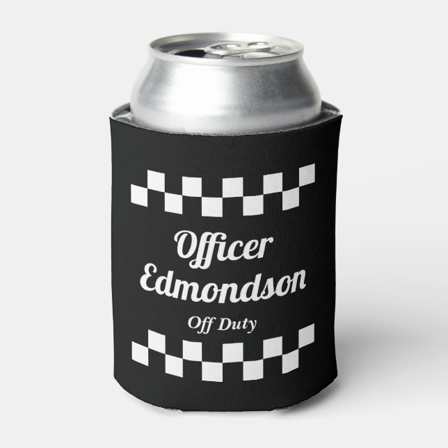 Police Officer Off Duty Fun Black and White Can Cooler (Can Front)