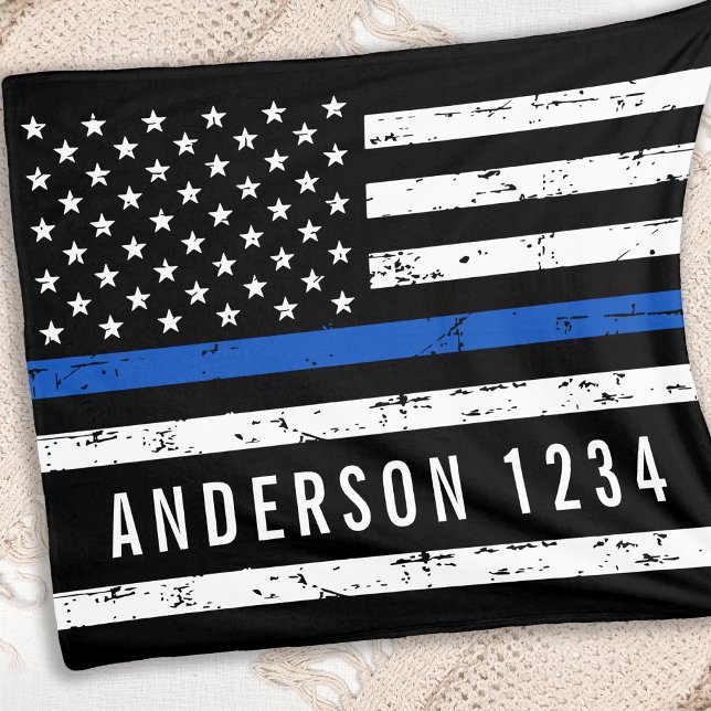 Police Officer Personalised Badge Thin Blue Line Fleece Blanket (Creator Uploaded)