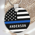 Police Officer Personalised Modern Thin Blue Line Key Ring<br><div class="desc">Personalised Thin Blue Line Keychain - American flag in Police Flag colours, modern black blue design . Personalise with Officer's name, or department. This personalised police keychain is perfect for police departments, or as a memorial keepsake. COPYRIGHT © 2020 Judy Burrows, Black Dog Art - All Rights Reserved. Police Officer...</div>