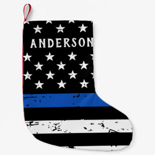 Police Officer Personalised Thin Blue Line Flag Small Christmas Stocking