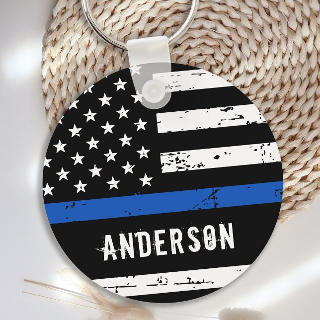 Police Officer Personalized Name Thin Blue Line Key Ring (Creator Uploaded)