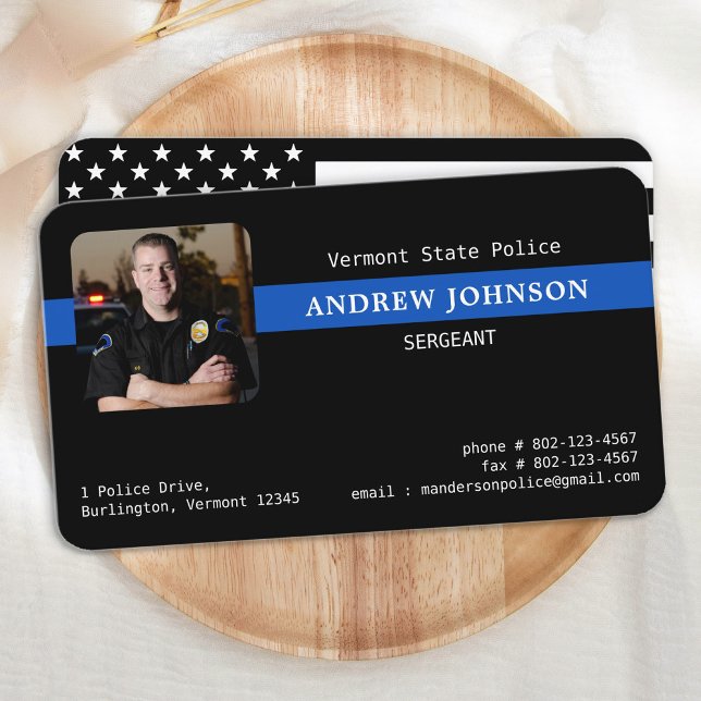 Police Officer Photo Blue Line Law Enforcement Business Card (Creator Uploaded)