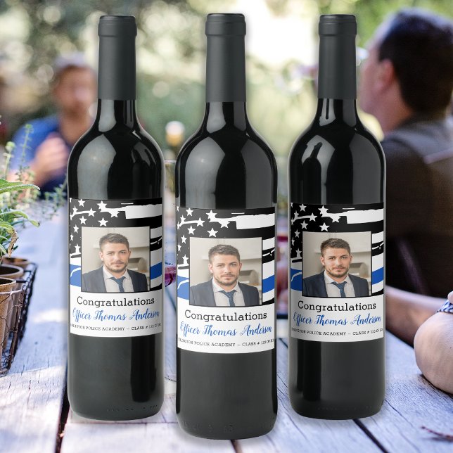 Police Officer Photo Thin Blue Line Graduation Wine Label (Creator Uploaded)