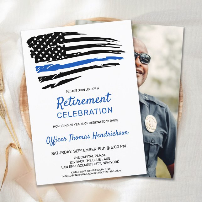 Police Officer Photo Thin Blue Line Retirement Invitation (Creator Uploaded)