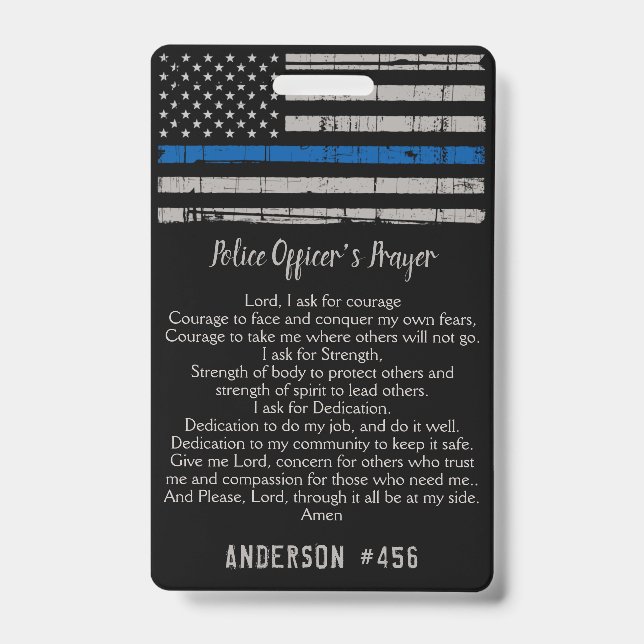 Police Officer Prayer Card Thin Blue Line Badge ID Badge (Front)