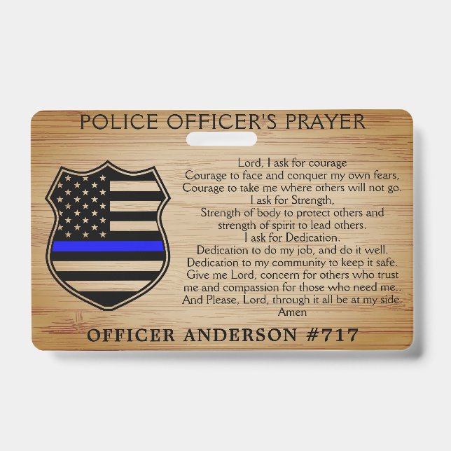 Police Officer Prayer Personalised Thin Blue Line ID Badge (Front)