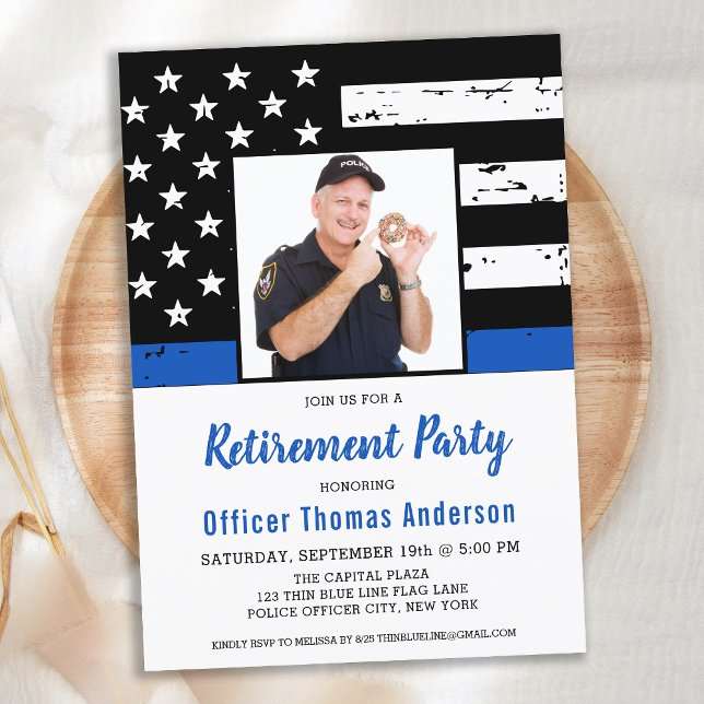 Police Officer Retirement Thin Blue Line Photo Invitation (Creator Uploaded)