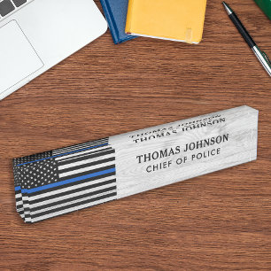 Police Officer Rustic Wood Thin Blue Line Flag Nameplate