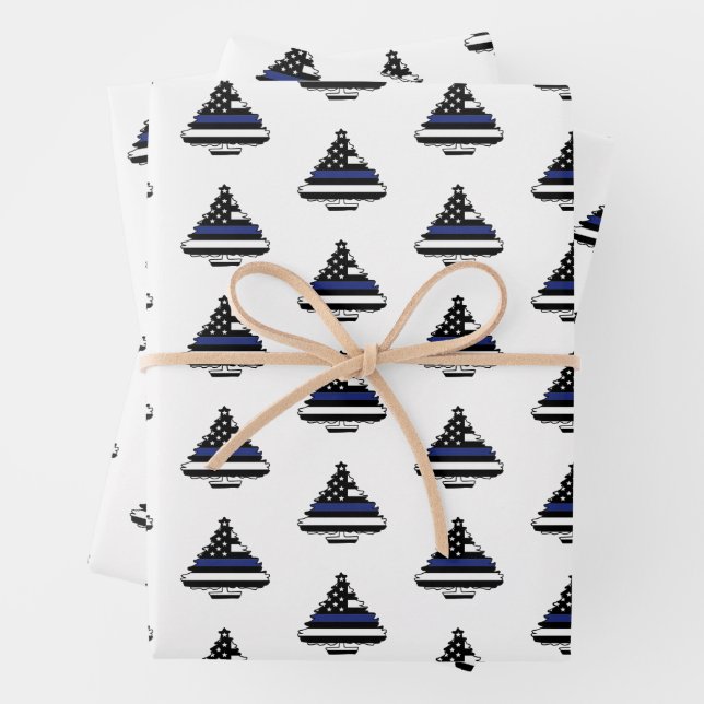 Police Officer Thin Blue Line Christmas Tree  Wrapping Paper Sheet (In situ)