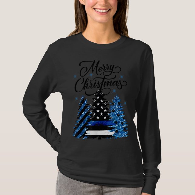 Police Officer Thin Blue Line Flag Christmas Tree  T-Shirt (Front)