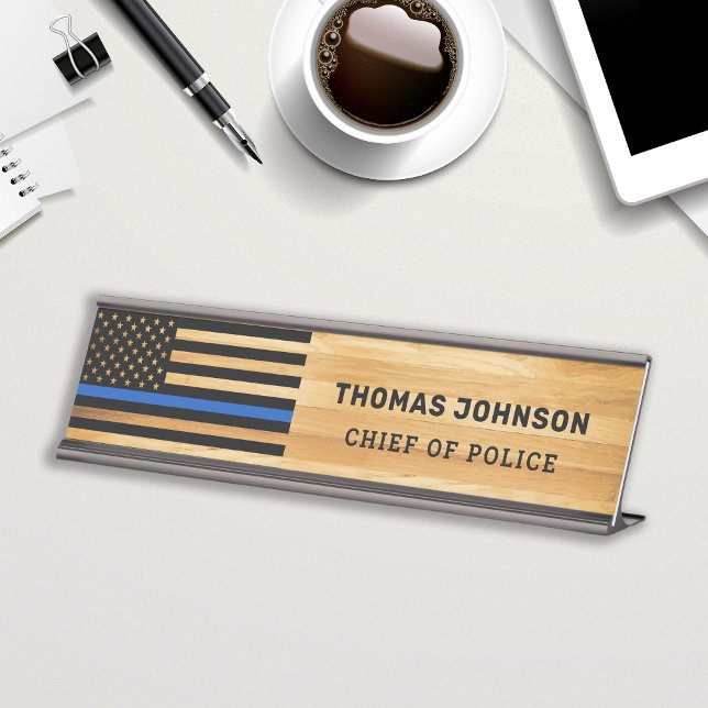 Police Officer Thin Blue Line Flag Rustic Wood Desk Name Plate (Creator Uploaded)