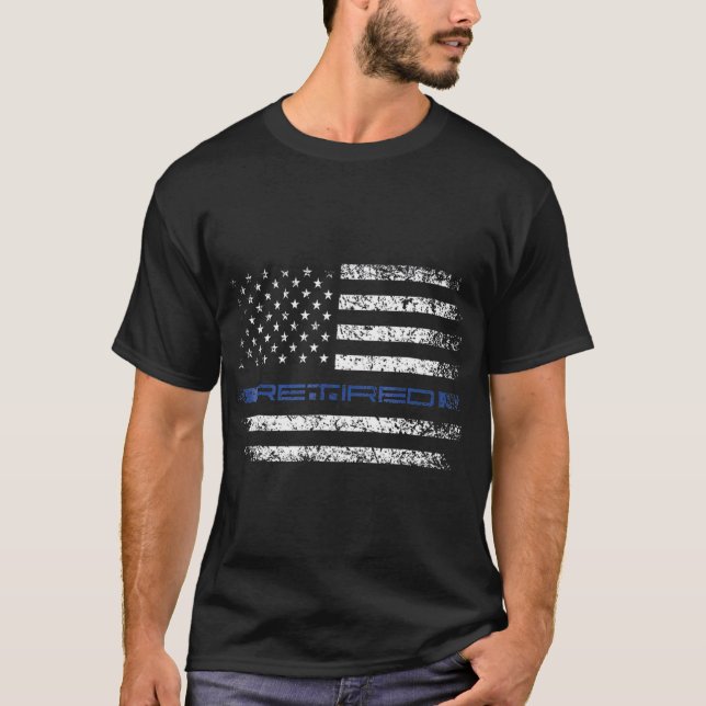 Police Officer Thin RETIRED Blue Line American T-Shirt (Front)