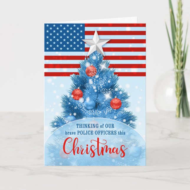 Police Officers Patriotic Christmas Red White Blue Holiday Card (Front)