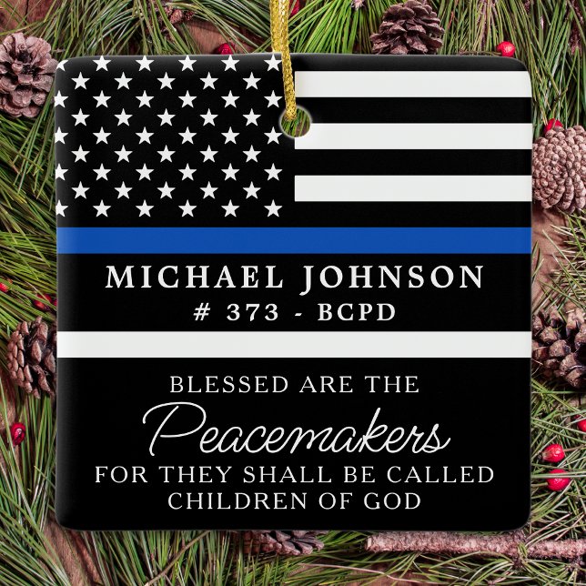 Police Personalised Blessed Cop Thin Blue Line  Ceramic Ornament (Creator Uploaded)