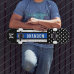 Police Personalised Law Enforcement Thin Blue Line Skateboard<br><div class="desc">Thin Blue Line Skateboard - American flag in Police Flag colours, distressed design . Personalise this police skateboard with monogram initial. This personalised police skateboard deck is perfect for police and law enforcement family , police graduation and police officer retirement gifts. COPYRIGHT © 2020 Judy Burrows, Black Dog Art -...</div>