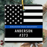 Police Personalised Thin Blue Line Law Enforcement Ceramic Ornament<br><div class="desc">Thin Blue Line Police Officer Christmas Ornament - American flag in Police Flag colours, modern black and blue design . Customise with your department name, and personalise with police officers name and badge number. This personalised law enforcement ornament is perfect for police departments and law enforcement officers, stocking stuffers and...</div>