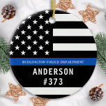 Police Personalised Thin Blue Line Law Enforcement Ceramic Tree Decoration<br><div class="desc">Thin Blue Line Police Officer Christmas Ornament - American flag in Police Flag colours, modern black and blue design . Customise with your department name, and personalise with police officers name and badge number. This personalised law enforcement ornament is perfect for police departments and law enforcement officers, stocking stuffers and...</div>