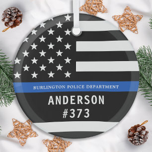 Police Personalised Thin Blue Line Law Enforcement Glass Tree Decoration