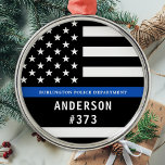 Police Personalised Thin Blue Line Law Enforcement Metal Tree Decoration<br><div class="desc">Thin Blue Line Police Officer Christmas Ornament - American flag in Police Flag colours, modern black and blue design . Customise with your department name, and personalise with police officers name and badge number. This personalised law enforcement ornament is perfect for police departments and law enforcement officers, stocking stuffers and...</div>