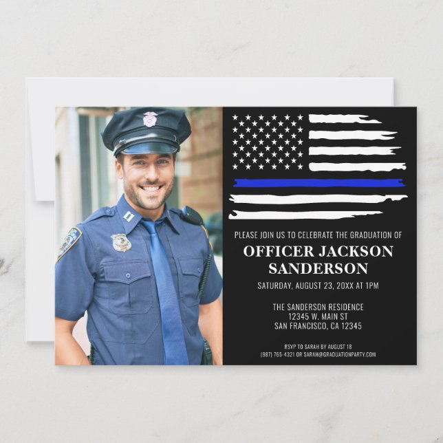 Police Photo Graduation Blue Line Law Enforcement Invitation (Front)