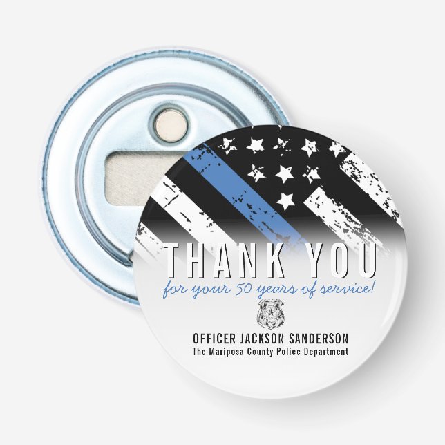 Police Retirement Anniversary Blue Line Flag Bottle Opener (Front)