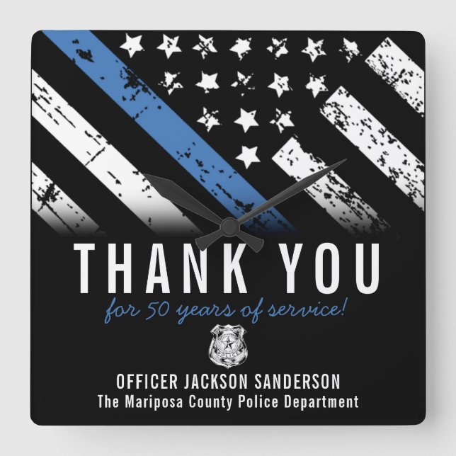 Police Retirement Anniversary Blue Line Flag Square Wall Clock (Front)