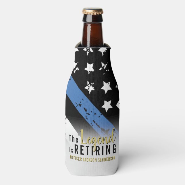 Police Retirement Blue Line Flag Law Enforcement Bottle Cooler (Bottle Front)