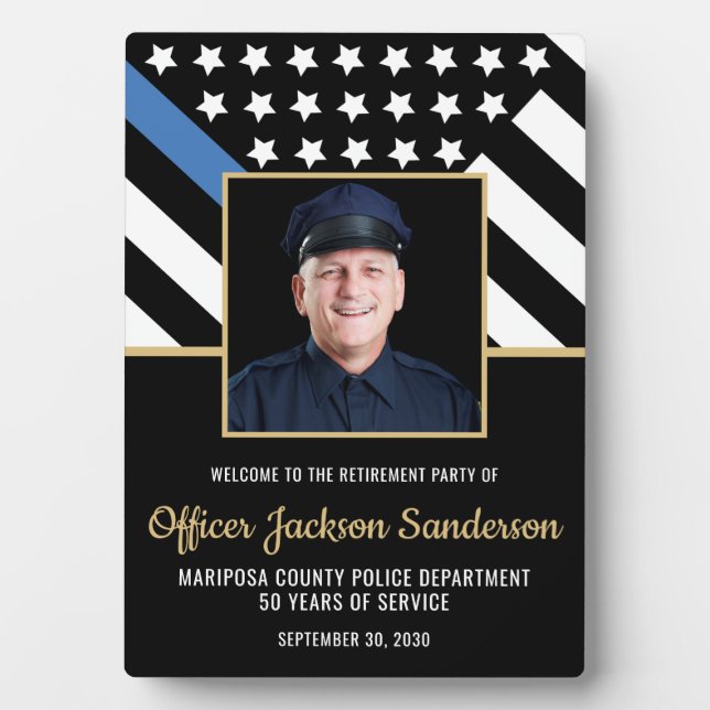 Police Retirement Blue Line Flag Photo Welcome Plaque (Front)