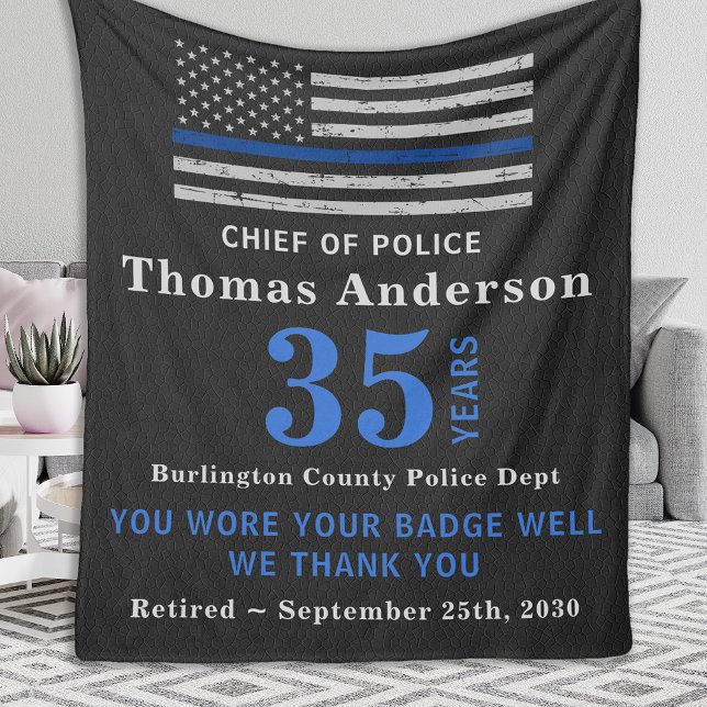 Police Retirement Gift Anniversary Thin Blue Line  Fleece Blanket (Creator Uploaded)