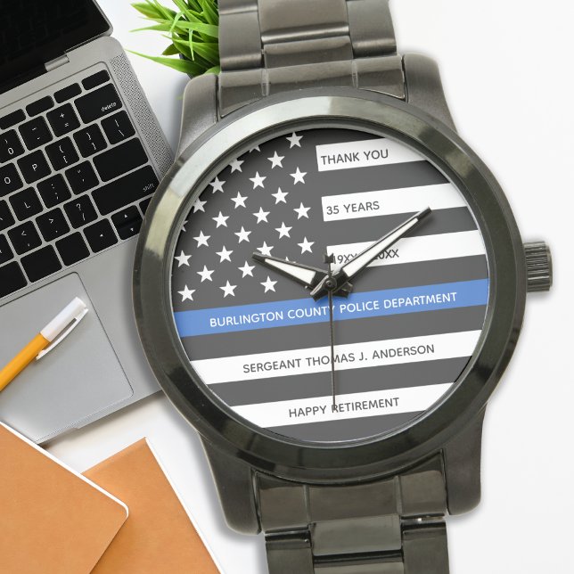 Police Retirement Gift Personalised Thin Blue Line Watch (Creator Uploaded)