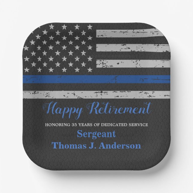 Police Retirement Party Thin Blue Line Flag Paper Plate (Front)