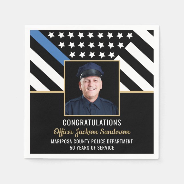 Police Retirement Party Thin Blue Line Flag Photo Napkin (Front)