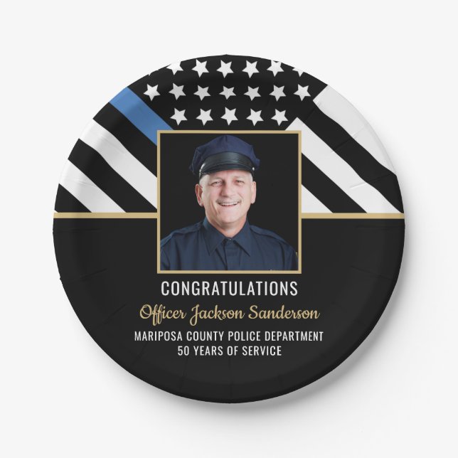 Police Retirement Party Thin Blue Line Flag Photo Paper Plate (Front)