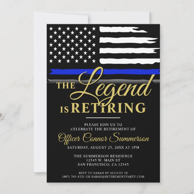 Police Retirement Party Thin Blue Line Law Officer Invitation (Front)