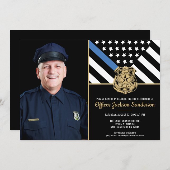 Police Retirement Party Thin Blue Line Photo  Invitation (Front/Back)