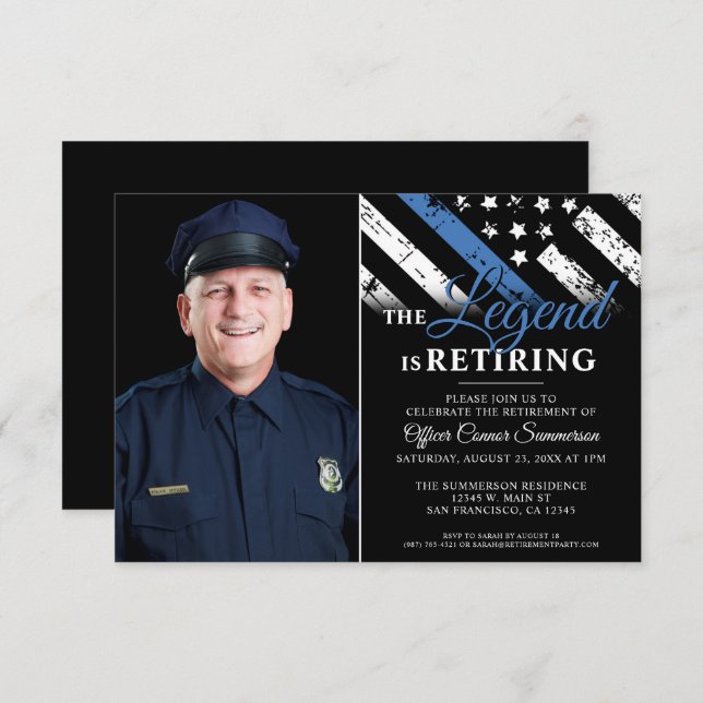 Police Retirement Party Thin Blue Line Photo Invitation (Front/Back)