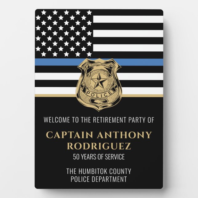 Police Retirement Thin Blue Line Law Enforcement Plaque (Front)