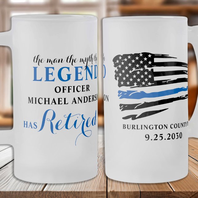 Police Retirement Thin Blue Line Personalised Frosted Glass Beer Mug (Creator Uploaded)