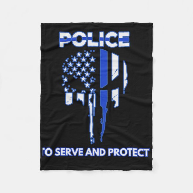 Police Skull Design Tribute With Blue Line  Fleece Blanket (Front)