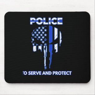 Police Skull Design Tribute With Blue Line Mouse Pad