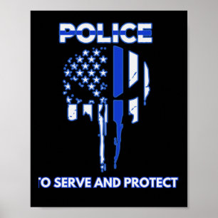 Police Skull Design Tribute With Blue Line Poster