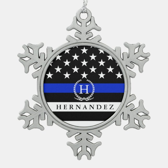 Police Styled American Flag Customised Monogram Snowflake Pewter Christmas Ornament (Front)