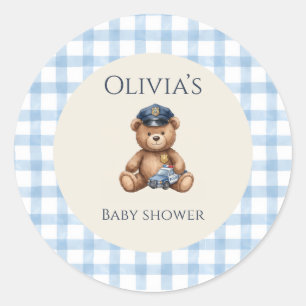 Police Teddy Bear Gingham Baby Shower Classic Round Sticker