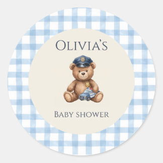 Police Teddy Bear Gingham Baby Shower Classic Round Sticker