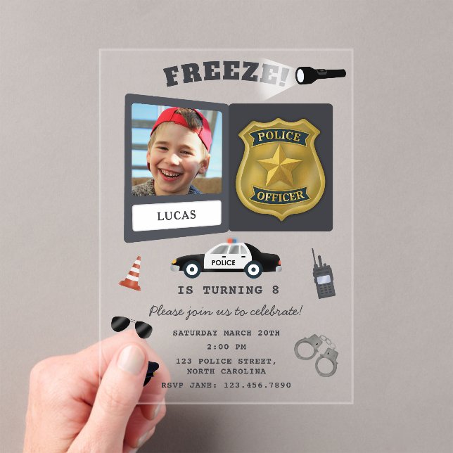 Police Themed Policeman Cop Badge Photo Birthday Acrylic Invitations (Insitu (Handheld))
