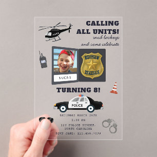 Police Themed Policeman Cop Birthday Photo Acrylic Invitations