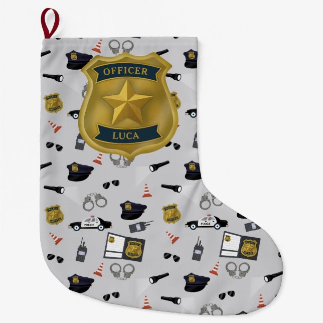 Police Themed Policeman Cop Officer Name Large Christmas Stocking (Front)