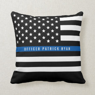 Police Thin Blue Line American Flag Add Name Cushion